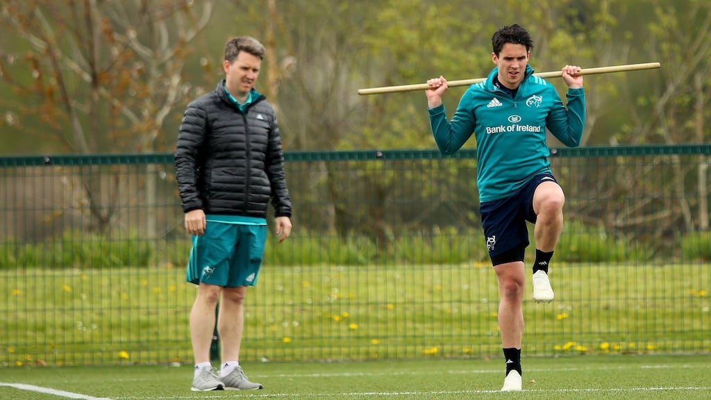 Joey Carbery during a Munster training session at UL. Photograph: Ryan Byrne/Inpho