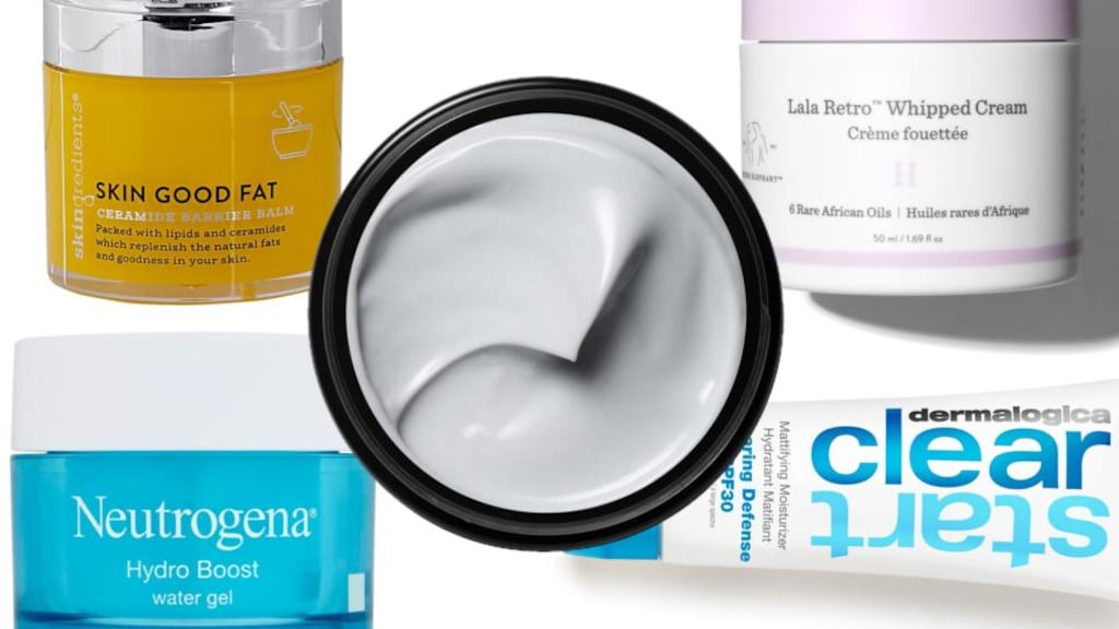 Skingredients Skin Good Fats, Neutrogena Hydro Boost Water Gel Moisturiser, Origins Clear Improvement Oil-Free Moisturizer with Bamboo Charcoal, Dermalogica Clear Start Clearing Defense SPF 30, and Drunk Elephant Lala Retro Whipped Cream