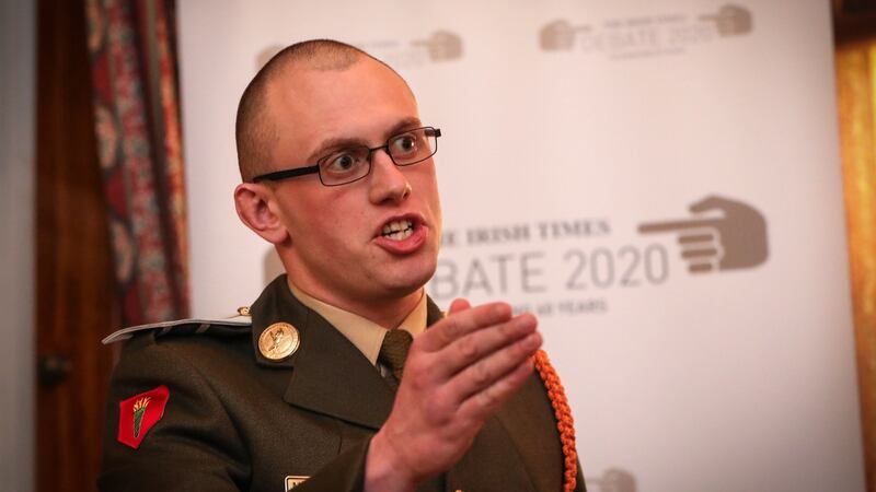 Cadet Chris Mulligan speaks for the opposition during the semi-final of the Irish Times Debate 2019-2020 in the cadets’ mess at the  Curragh Camp. Photograph: Crispin Rodwell