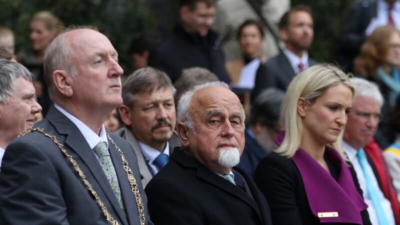 Lord Mayor of Dublin Nial Ring (left), speaker of Flemish parliament Jan  Peumans and Minister Helen McEntee TD at the memorial opening. Photograph: Nick Bradshaw/The Irish Times