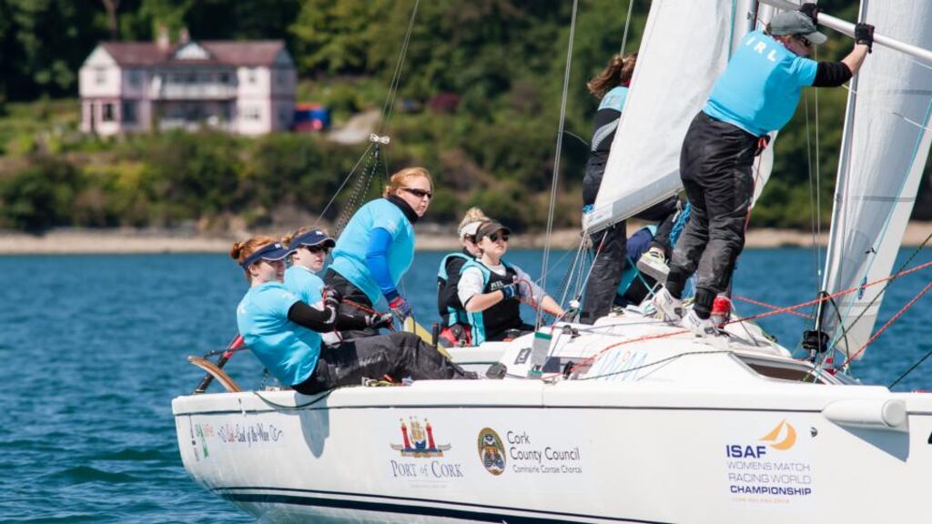 Irish skipper Mary O’Loughlin with crew members Caoimhe Burns, Lynn Reilly and Niamh McDonald rounding the weather mark along with the New Zealand entry skippered by Claudia Pierce in the ISAF Women’s World Championship Match Race in Cork Harbour