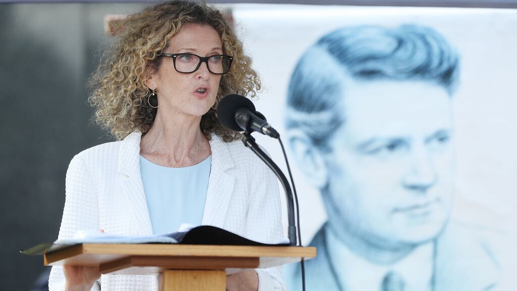 Journalist Justine McCarthy gives the  keynote address at the 97th annual Michael Collins and Arthur Griffith commemoration at Glasnevin Cemetery in Dublin. Photograph: Niall Carson/PA Wire