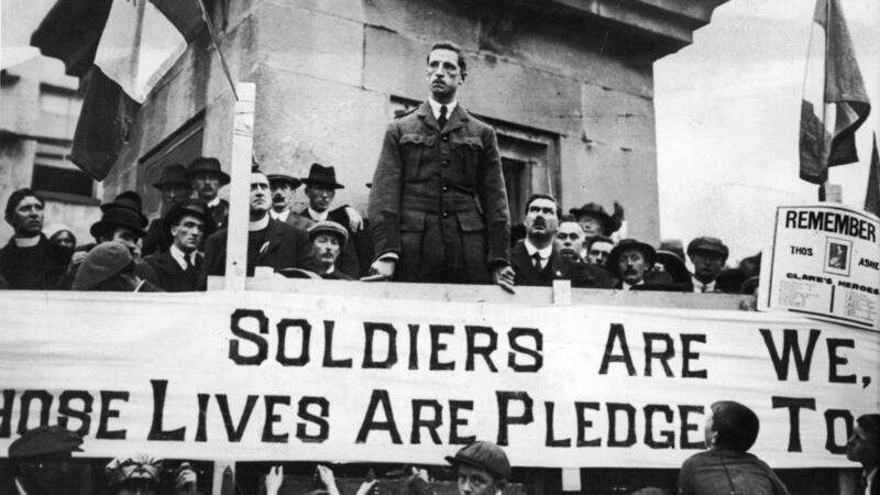 In uniform: Éamon de Valera speaks in Ennis, where he was elected an MP and president of Sinn Féin, in 1917. Photograph: Hulton/Getty