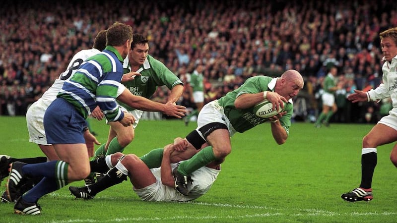 Putting it on the line: Ireland’s Keith Wood powers over for a try against England in their 2001 Six Nations match. Photograph: Lorraine O’Sullivan/Inpho