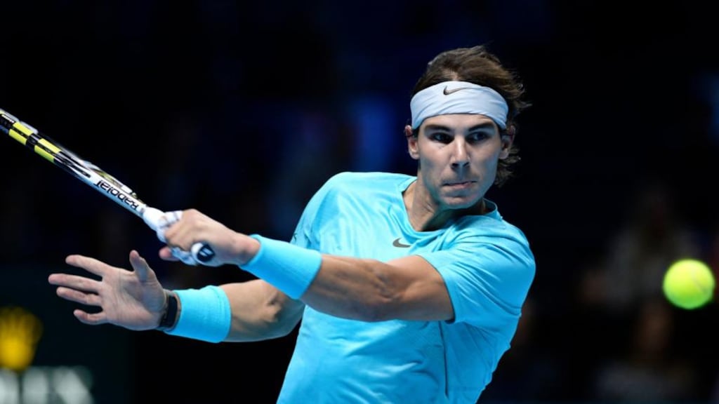 Rafael Nadal of Spain hits a return to Roger Federer of Switzerland during their men’s singles semi-final tennis match at the ATP World Tour Finals at the O2 Arena in London. Photograph: Dylan Martinez/Reuters