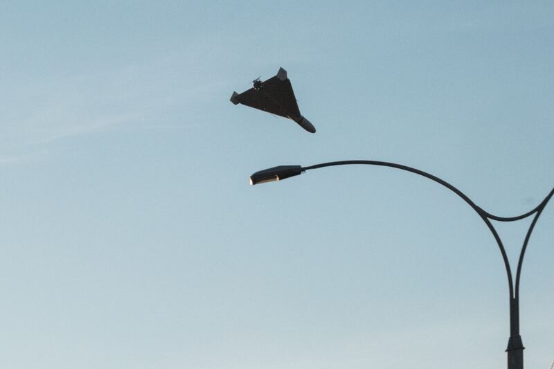 A drone fired by Russia flies over Kyiv on October 17th, 2022. Photograph: YASUYOSHI CHIBA/AFP via Getty Images