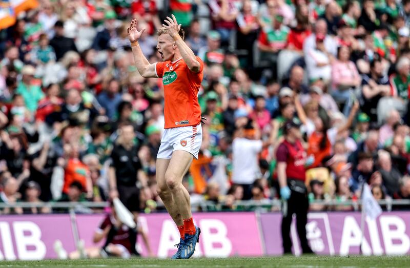 Armagh's Rian O'Neill celebrates scoring a sensational long-range free to level the game against Galway and bring it to extra-time. Photograph: Dan Sheridan/Inpho