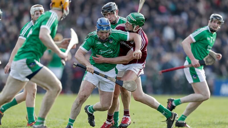 Limerick’s Richie McCarthy battles during his side’s 2018 clash with Galway in Salthill. Photograph: Laszlo Geczo/Inpho