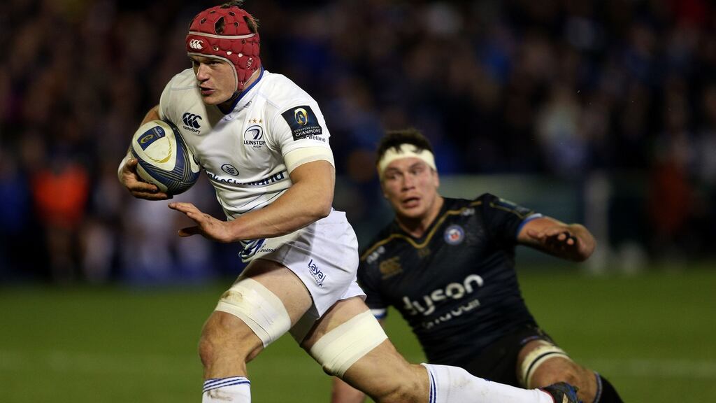 Josh van der Flier breaks through to score Leinster’s try during the Champions Cup loss to Bath at the Recreation Ground. Photograph: David Davies/PA Wire.