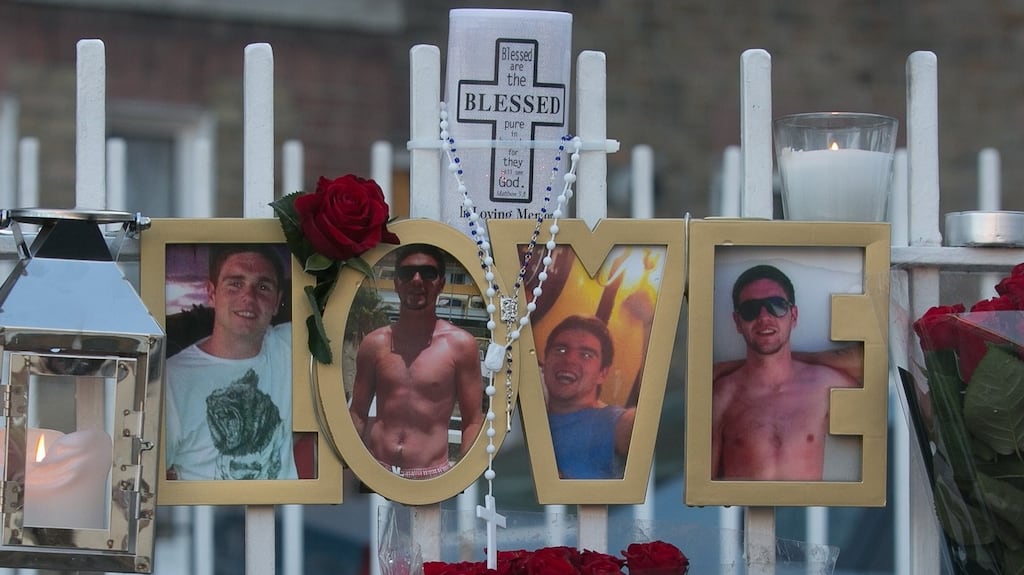 Flowers and  messages at the scene of the  stabbing of Lorcan O’Reilly at   the Oliver Bond Street  flat complex in Dublin on November 1st. Photograph: Collins