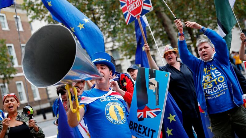 Anti-Brexit campaigners gather outside the cabinet office on Whitehall in London on Monday. Photograph: Getty Images