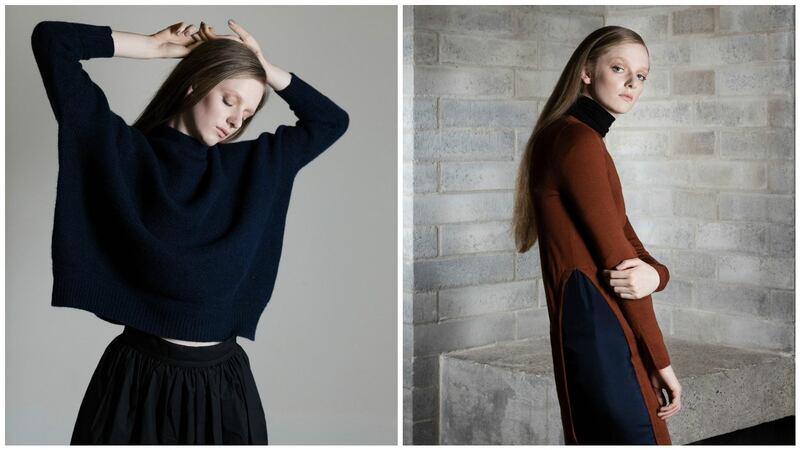 Left: ‘Skellig’ 5-Ply Scottish cashmere funnel neck sweater in colour Port Ellen €770; right: ‘Suzan’ featherweight cashmere blend dress with silk panels in colour squirrel/dusk €435