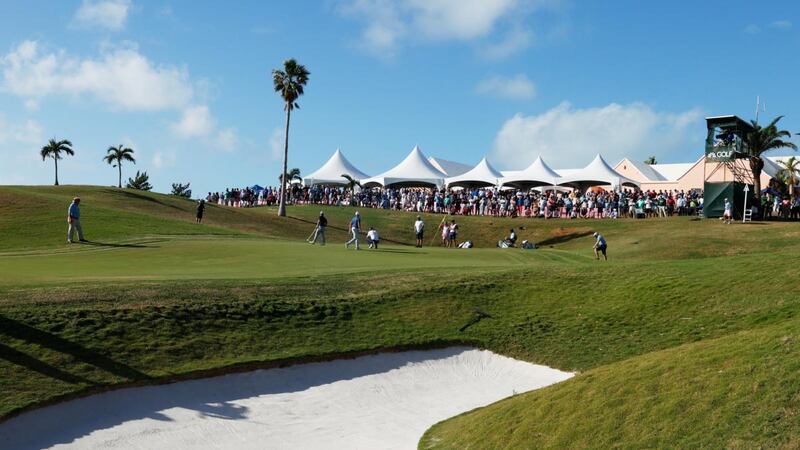 A view of the 18th green and spectators at the Bermuda Championship. Photograph: Gregory Shamus/Getty