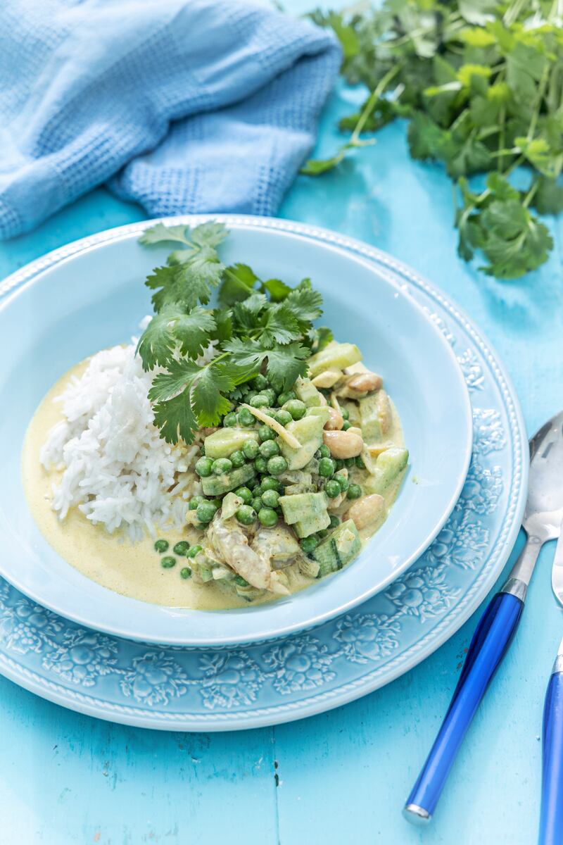 Prawns with curry cream, peas, cucumber and almonds. Photographer: Harry Weir Photography