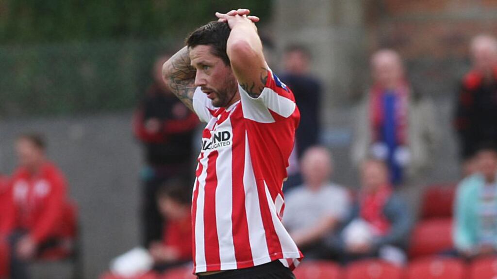 Derry’s Rory Patterson missed a penalty in the first half for his side. Photograph: Inpho