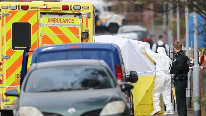 Police forensic officers at the scene of a shooting at a house on Etna Drive in the Ardoyne area of Belfast on Saturday. Photograph: PA