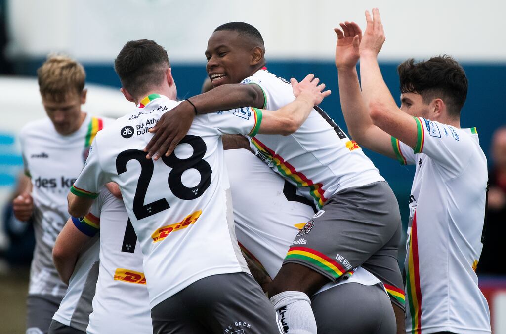 Bohemians players celebrate Jordan Doherty's goal during the SSE Airtricity League Premier Division game against Finn Harps at Finn Park. Photograph: Evan Logan/Inpho
