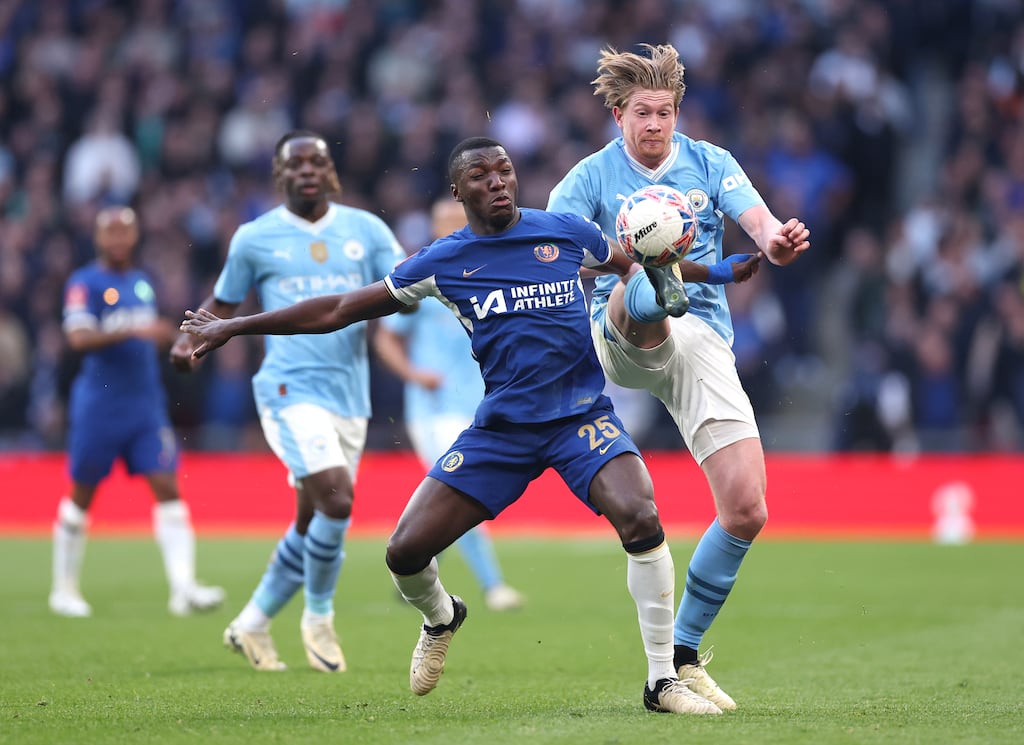 Kevin De Bruyne made a total of one tackle in Manchester City's FA Cup semi-final match win over Chelsea at Wembley Stadium. Photograph: Alex Pantling/Getty Images