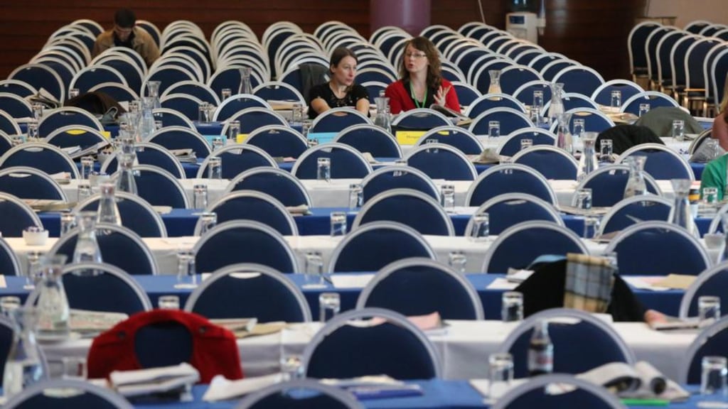 Delegates at the annual convention of the ASTI wait for the afternon session to begin at White’s Hotel, Wexford. Photograph: Patrick Browne