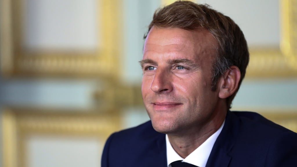 France’s president Emmanuel Macron attends a virtual G7 meeting on the ongoing crisis in Afghanistan, at the Elysee Palace in Paris on Tuesday. Photograph: Sarah Meyssonnier/Pool/EPA