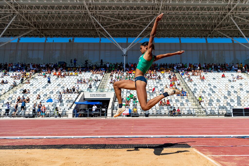 Ireland's Elizabeth Ndudi competing in the women's long jump final during the European Athletics Under-20 Championships in Jerusalem. Photograph: Jurij Kodrun/Getty Images for European Athletics