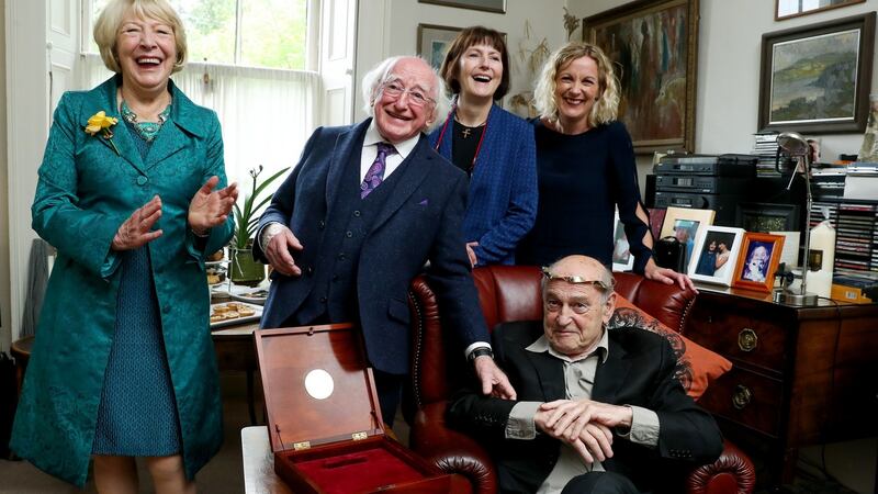 Tom Murphy was awarded the title of Saoi, Aosdána’s highest honour, by President Michael D Higgins, to recognise his  achievements.  Photograph: MaxwellPhotography.ie