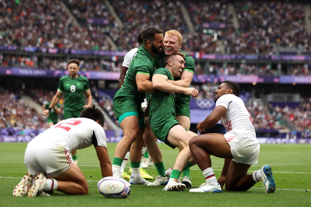 Terry Kennedy celebrates after scoring a try for Ireland in the Sevens match against the US at the Paris Olympics last July. Photograph: Hannah Peters/Getty