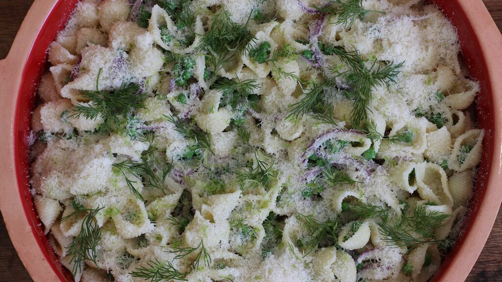 Little ears with peas, lime and Parmesan. Photograph: Nick Bradshaw