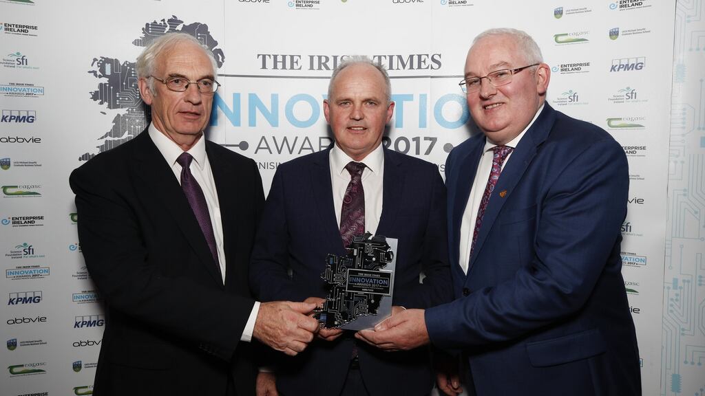 Dermot McCarthy, Teagasc, presenting the award for Agrifood to Jack O’Connor and Declan O’Connor from BHSL. Photograoh: Conor McCabe Photography