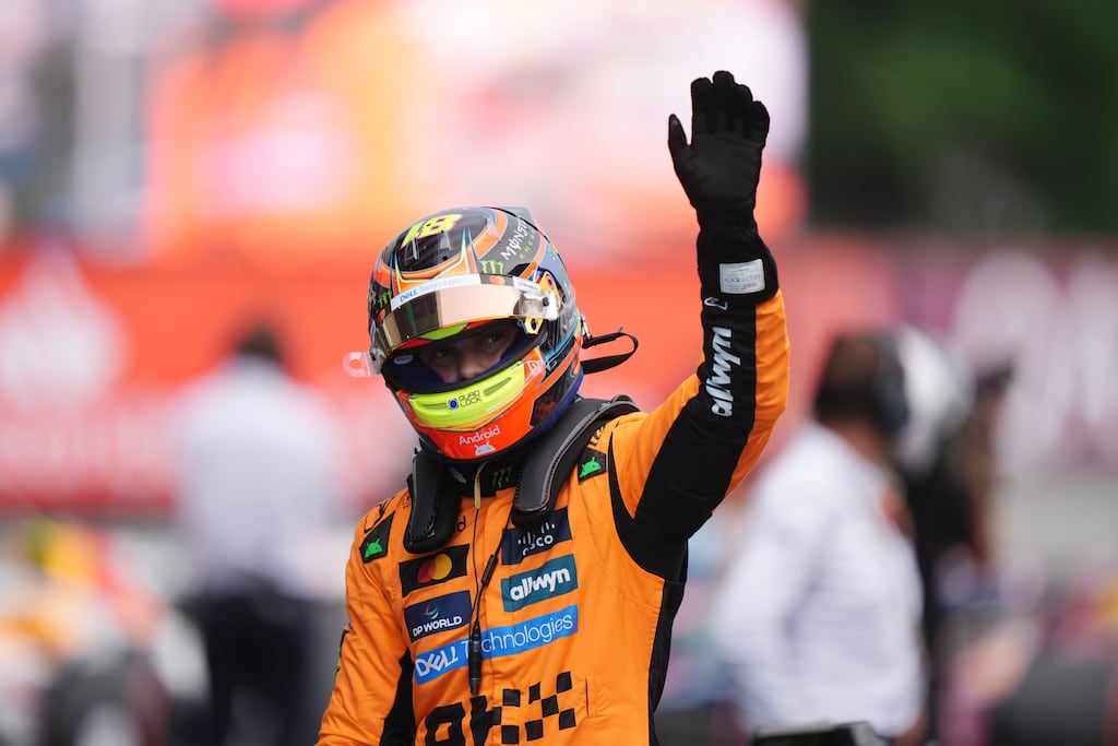 McLaren's Oscar Piastri celebrates after taking pole for Sunday's Spanish GP. Photograph: Bradley Collyer/PA