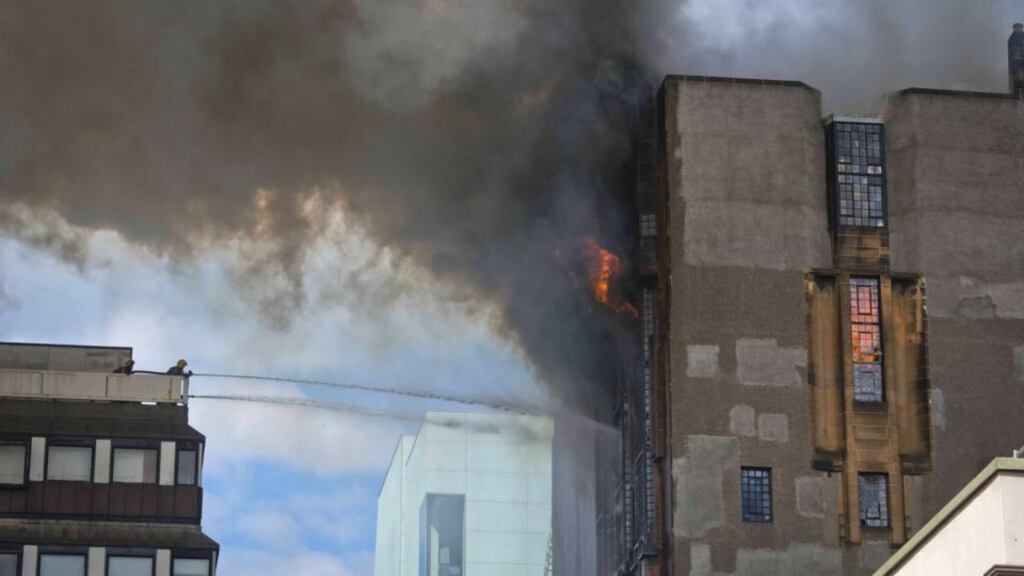 Ddetail of the blaze at the Glasgow School of Art Charles Rennie Mackintosh Building. Photograph: Chris Watt/Getty Images
