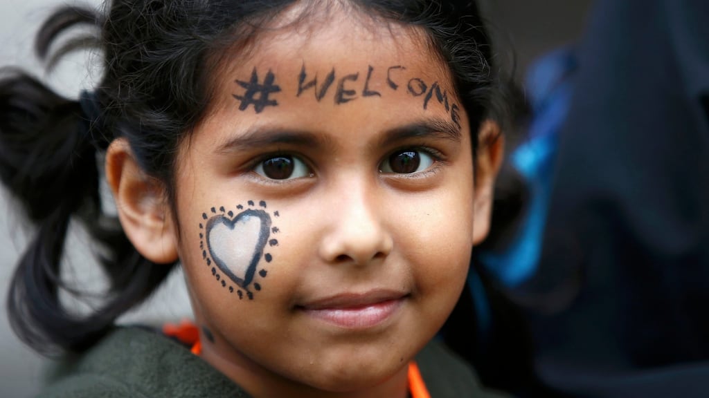 A girl  marches to the Houses of Parliament, during an Amnesty International protest in support of refugees in London, at the weekend. Photograph: Peter Nicholls/PA