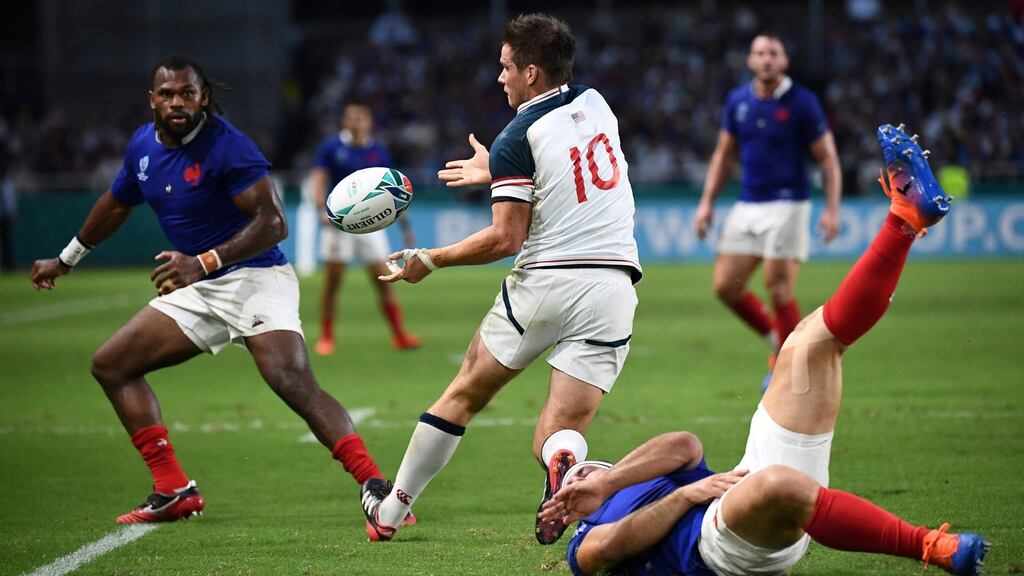 USA’s Irish born outhalf AJ MacGinty during his team’s defeat to France. Photograph: Getty Images