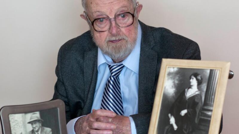 Eoghan Plunkett (86) with pictures of his parents George Nonle Count Plunkett and Mary Plunkett. Photograph: Brenda Fitzsimons