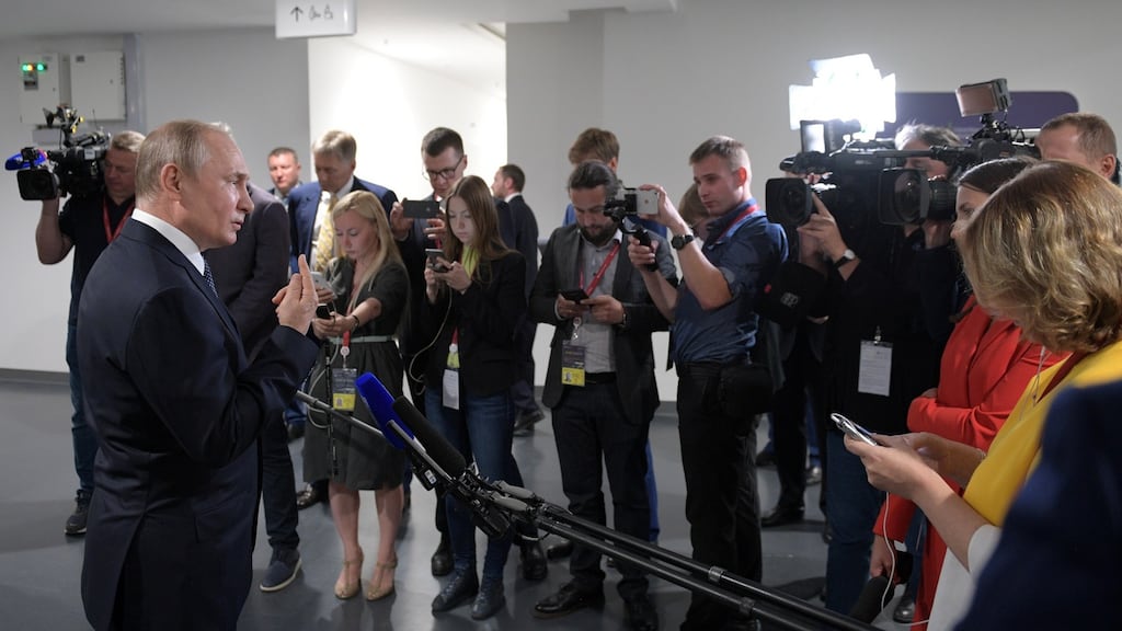 Vladimir Putin makes comments on Russia’s bilateral relations with Georgia as he attends a summit in Yekaterinburg on Tuesday. Photograph: Sputnik/Alexei Druzhinin/Kremlin via Reuters