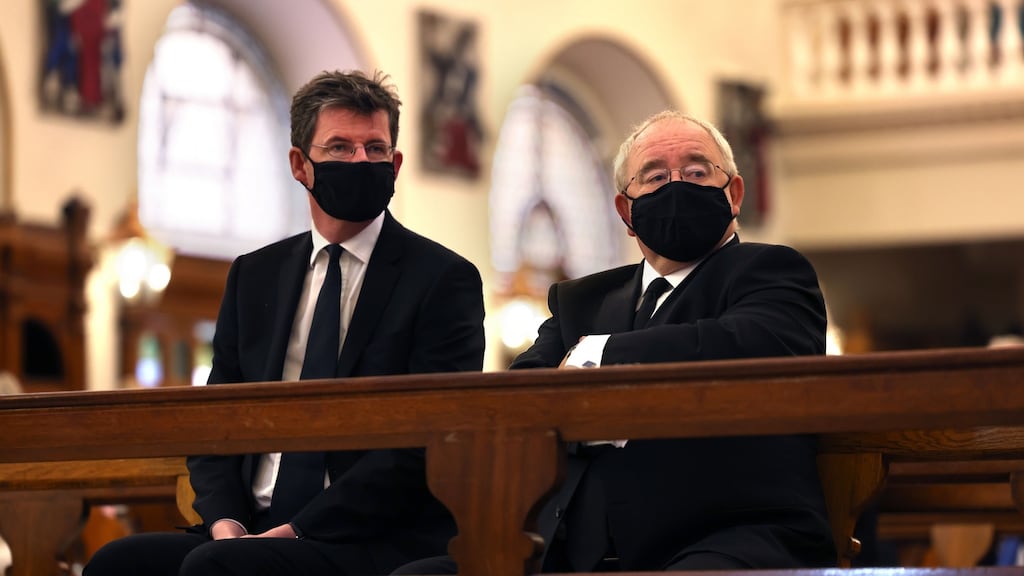 British Ambassador to Ireland Paul Johnston with Ceann Comhairle Seán Ó Fearghaíl at a Mass for David Amess MP at St Teresa’s Church, Clarendon Street, Dublin. Photograph: Dara Mac Dónaill