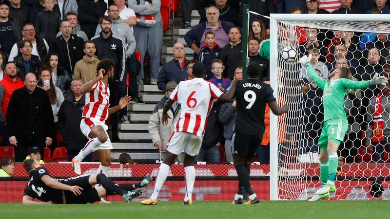 Stoke City’s Eric Maxim Choupo-Moting scores their second goal. Photograph: Carl Recine/Reuters