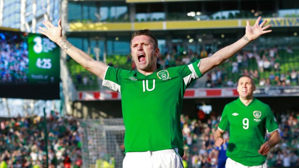 Ireland’s Robbie Keane celebrates after scoring against the Faroe Islands during the World Cup Group C game at the Aviva Stadium in Dublin. Photograph: Cathal McNaughton/Reuters
