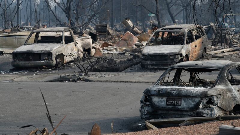 A view of destroyed homes and cars in a neighbourhood in Santa Rosa, California. Photograph: John G Mabanglo/EPA
