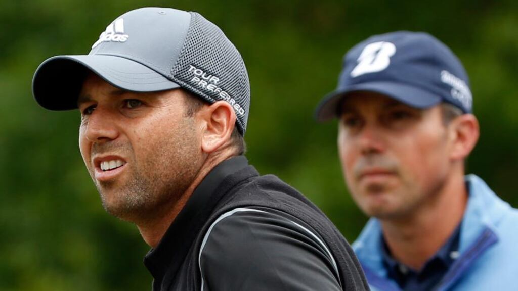 Sergio Garcia of Spain and Matt Kuchar of the United States (right) watch a tee shot on the 10th hole in the third round of the Shell Houston Open. Photograph: Scott Halleran/Getty Images