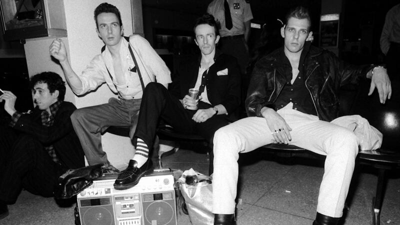 Members of The Clash, momentarily at their ease: from left, Mick Jones, Joe Strummer, Topper Headon and Paul Simonon,  at John F Kennedy International Airport after arriving in New York in May 1981.  File photograph: David Handschuh/AP Photo