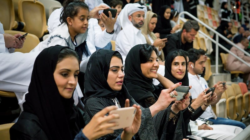 Princess Reema bint Bandar, head of the Saudi Federation for Community Sports, third from left, at a match between local rivals Al-Ahli and Al-Batin in Jeddah, Saudi Arabia, on Friday. Photograph: Tasneem Alsultan/The New York Times