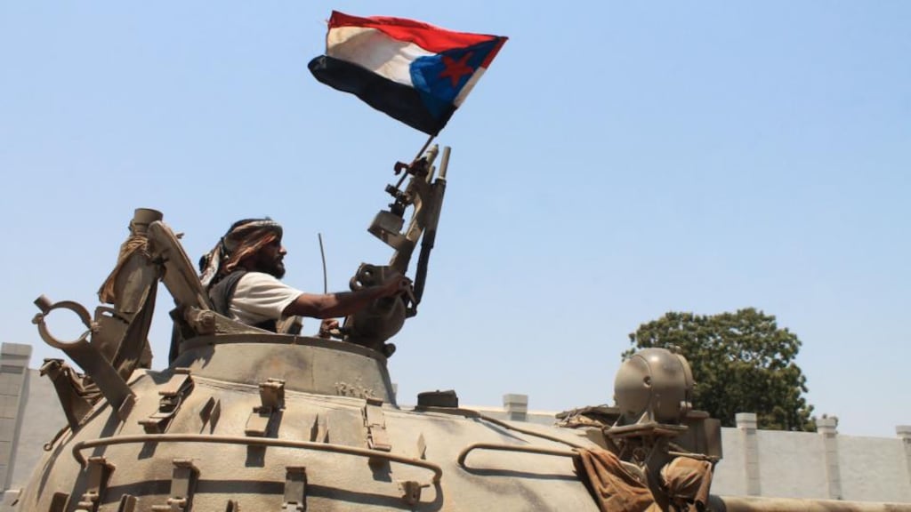 A separatist militant   drives a tank in  Yemen’s southern port of Aden during efforts to halt Houthi advances in the city. Photograph: Saleh al-Obeidi/AFP/Getty Images