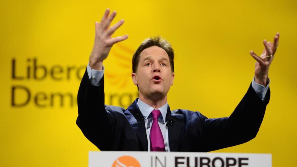 Britain’s deputy prime minister Nick Clegg, leader of the Liberal Democrats, delivers his keynote address to the party’s spring conference in York. Photograph: Jeff J Mitchell/Getty Images