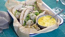 Oven-baked falafel balls with saffron tzatziki