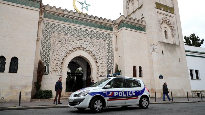 French police patrol outside the Great Mosque in Paris, France following a mass shooting in Christchurch, New Zealand. Photograph: Christophe Petit Tesson/EPA