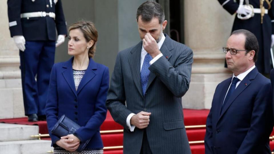 French President Francois Hollande, Spain’s King Felipe VI and his wife Queen Letizia deliver a speech at the Elysee palace in Paris. The three-day state visit of King Felipe VI and Queen Letizia of Spain has been suspended following the crash of an Airbus operated by Lufthansa’s Germanwings. Photograph: Philippe Wojazer/Reuters