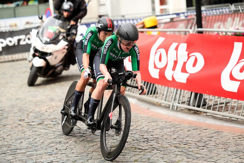 Ireland's Katie-George Dunlevy piloted by Linda Kelly in action during the UCI Para-cycling Road World Championships in Ronse, Belgium. Photograph: John Clifton/SWpix.com