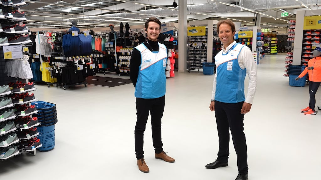 From right, Bastien Grandgeorge, chief executive of Decathlon Ireland, and Kieran O’Shea, store leader, in the Ballymun Decathlon store. Photograph: Dara Mac Dónaill