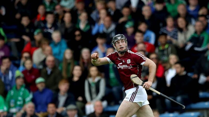 Galway’s Sean Linnane signals for a point. Photograph: Ryan Byrne/Inpho